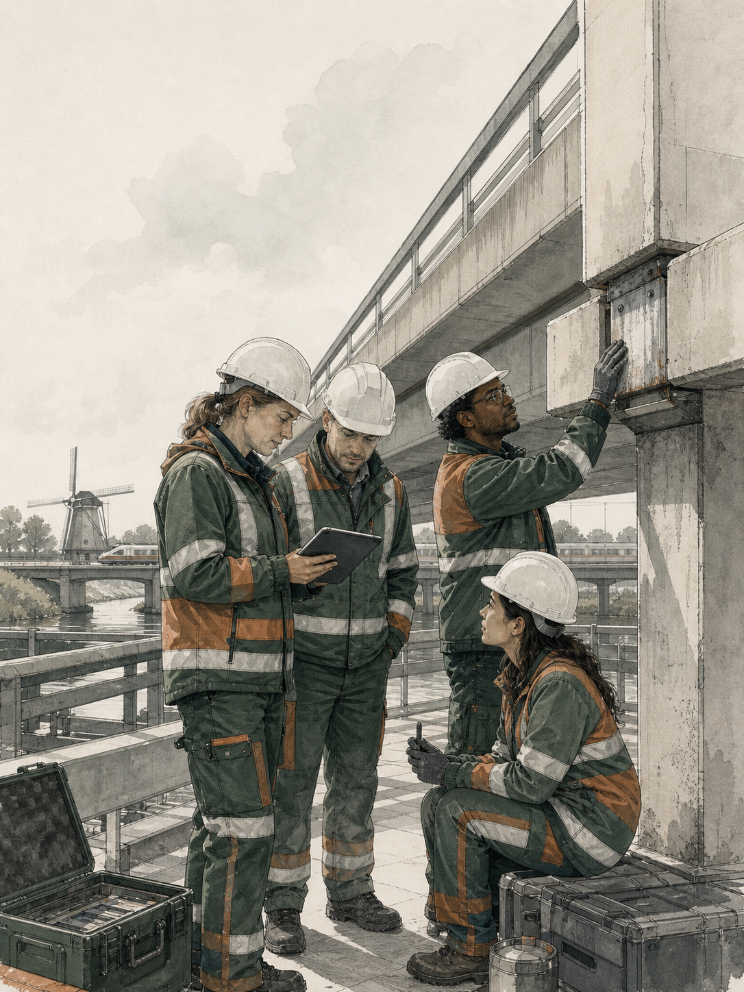 Getekende onderhoudsploeg inspecteert samen een brugconstructie